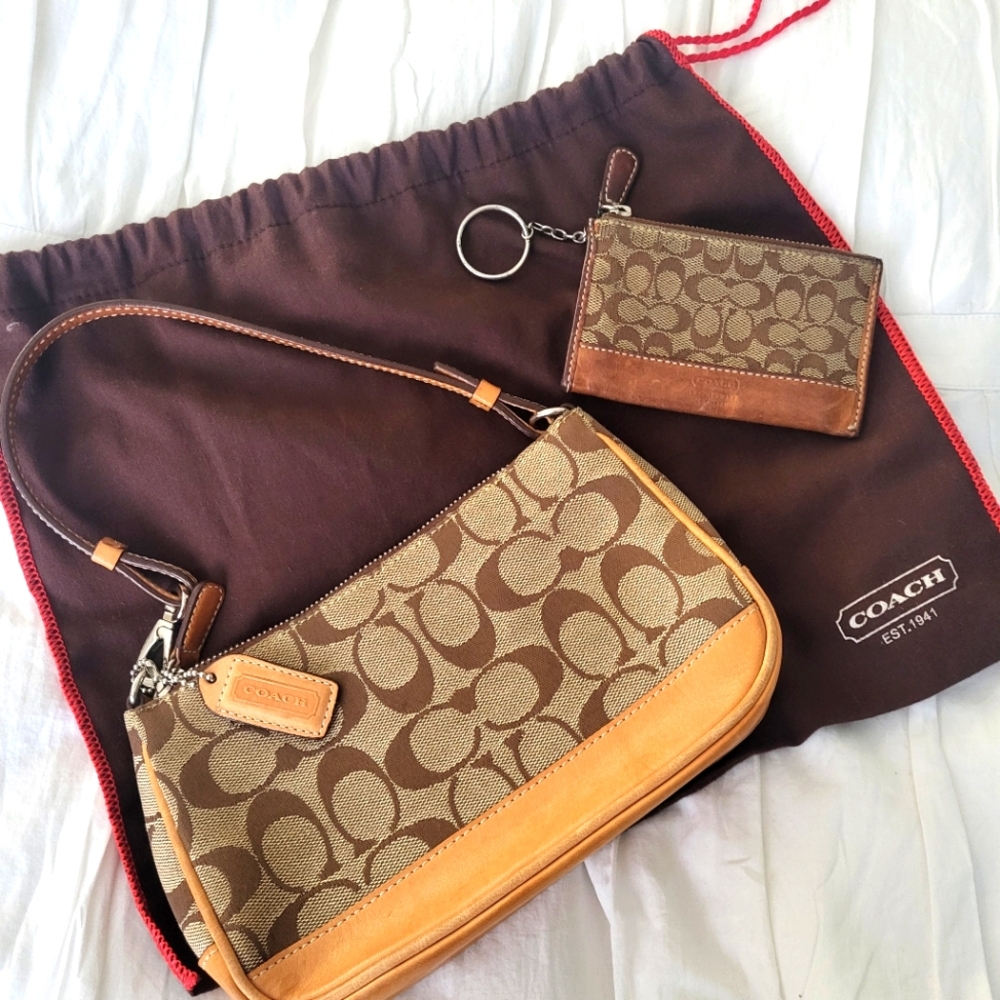 Vintage Y2K Coach Tan Demi Mini Handbag & Cardholder Keychain With Dustbag